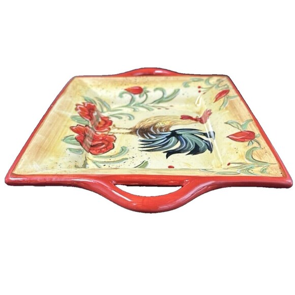 Honey Poppy Rooster Rectangular Platter with Handles Glossed Ceramic 13.5 Inches - Picture 4 of 9